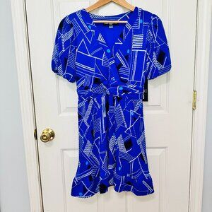 KARL LAGERFELD PARIS PLEATED SMOCKED WAIST SHORT SLEEVE BLUE DRESS